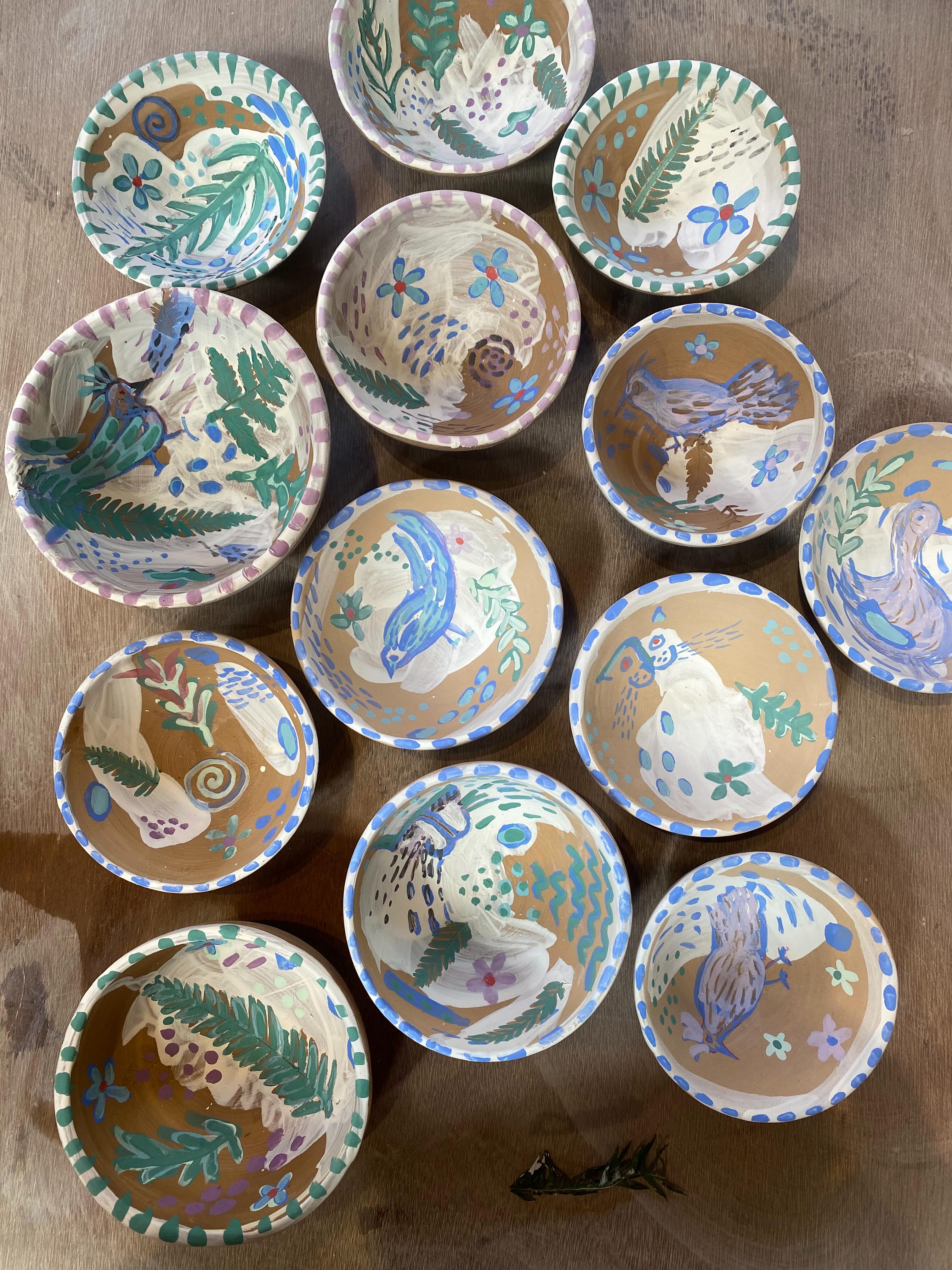 Recent hand-painted bird and botanical bowls by Leaf Ceramics
